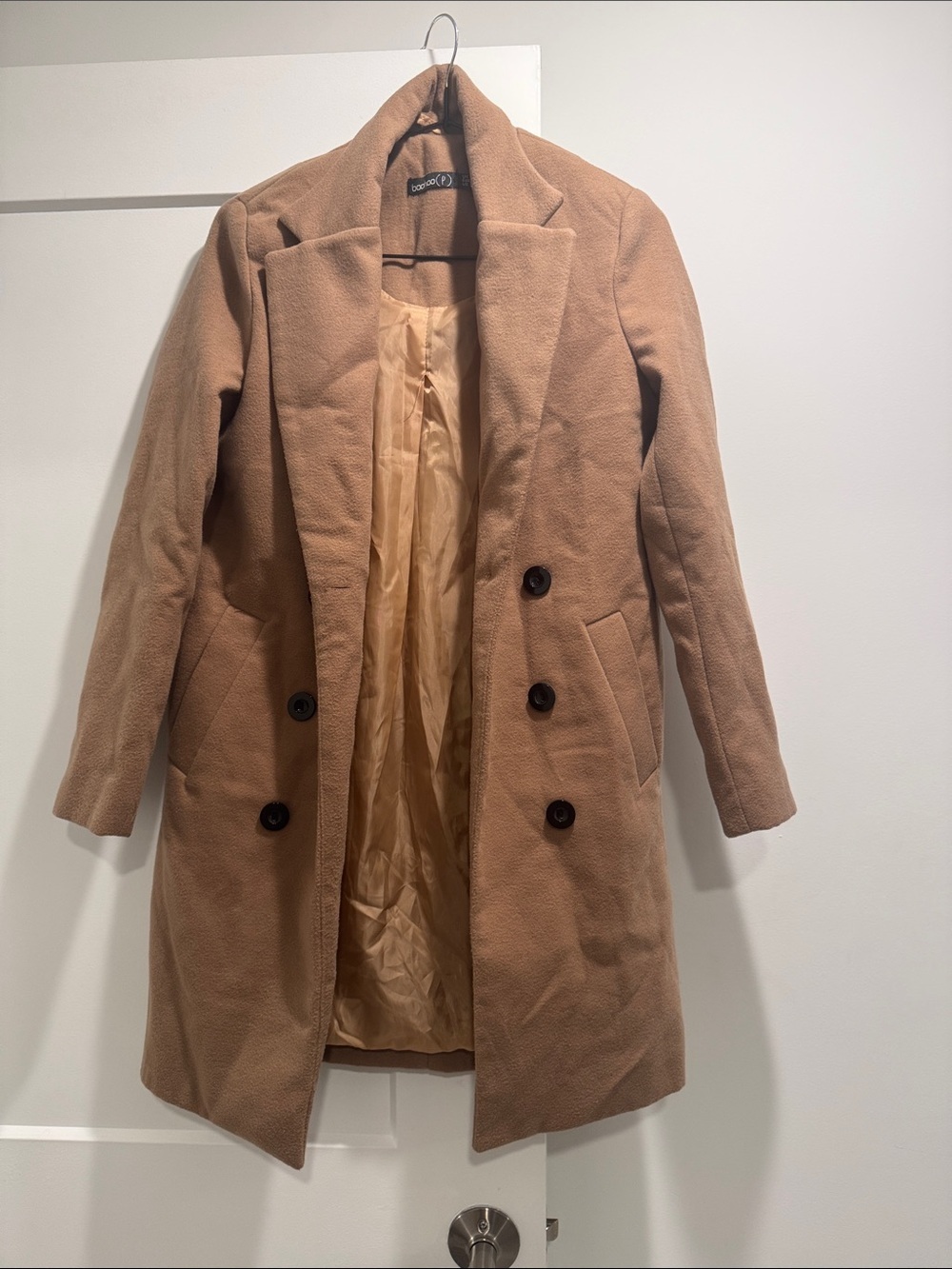Boohoo Women's Camel Double-Breasted Pea Coat